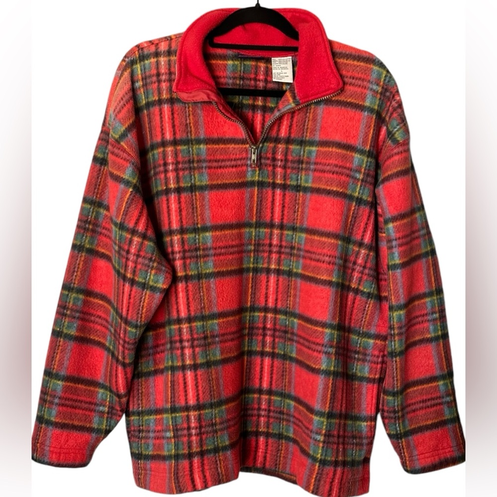 Vtg Bugle Boy Men’s Large Blue, Red, Black Green Plaid 1/4 Zip Fleece Pockets